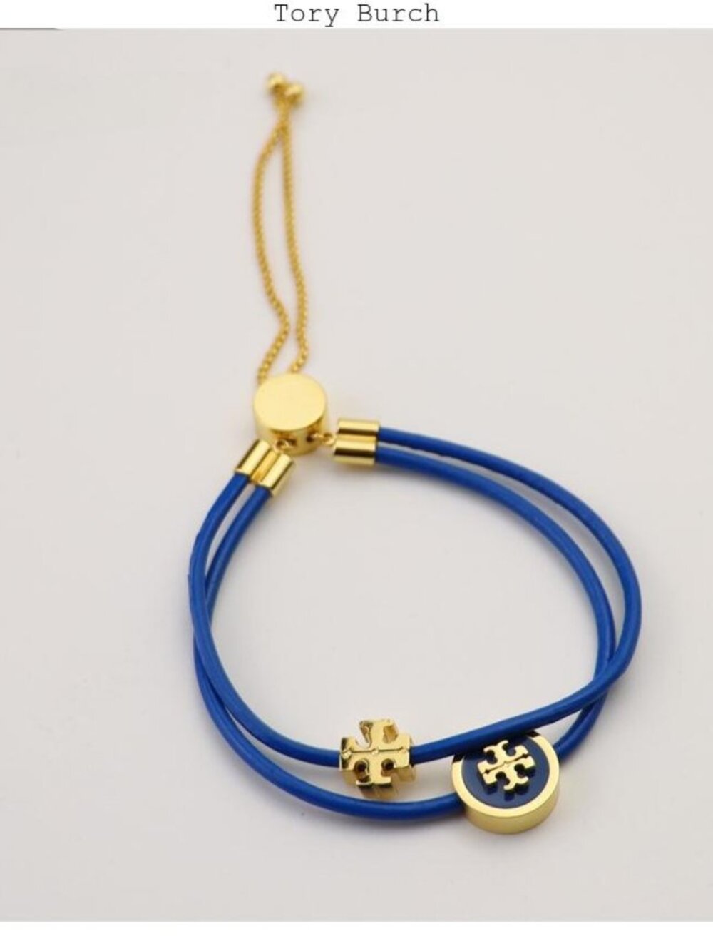 Tory Burch Blue Leather Double-Strand Bracelet with Gold Logo Accents